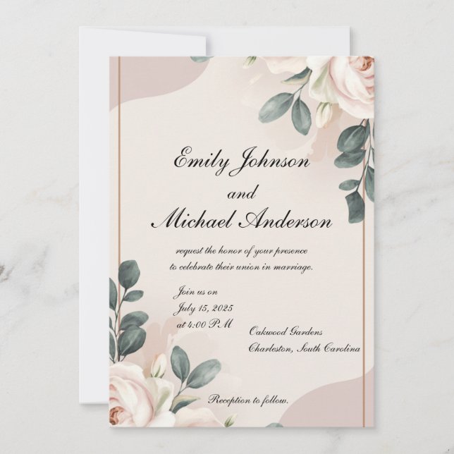 Bröllopsinbjudan för elegant Blommigt med mjuk Ros Inbjudningar (Framsida)