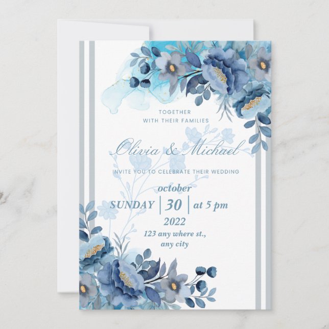 Bröllopsinbjudan för elegant Blue Blommigt Inbjudningar (Framsida)