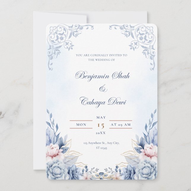 Bröllopsinbjudan för elegant Blue Blommigt Inbjudningar (Framsida)