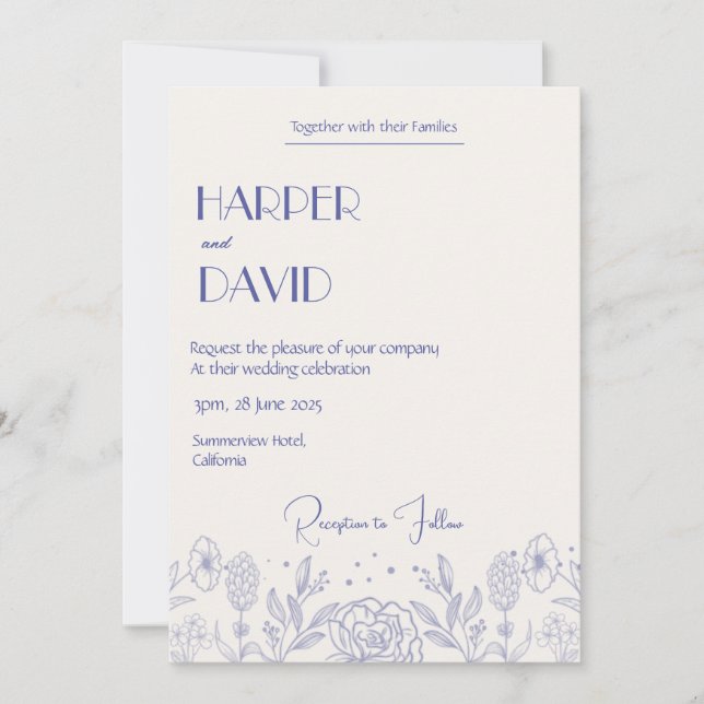Bröllopsinbjudan för elegant Cream & Blue Blommigt Inbjudningar (Framsida)