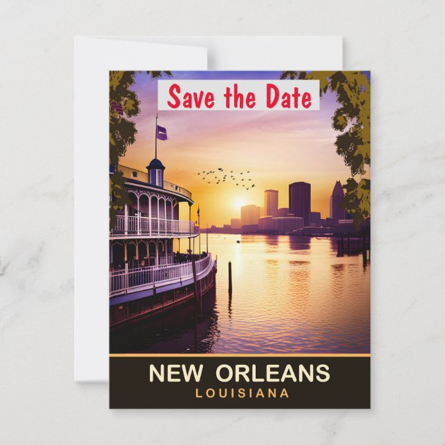 Bröllopsinbjudan för flodbröllop i New Orleans Lou Spara Datumet (Framsida)