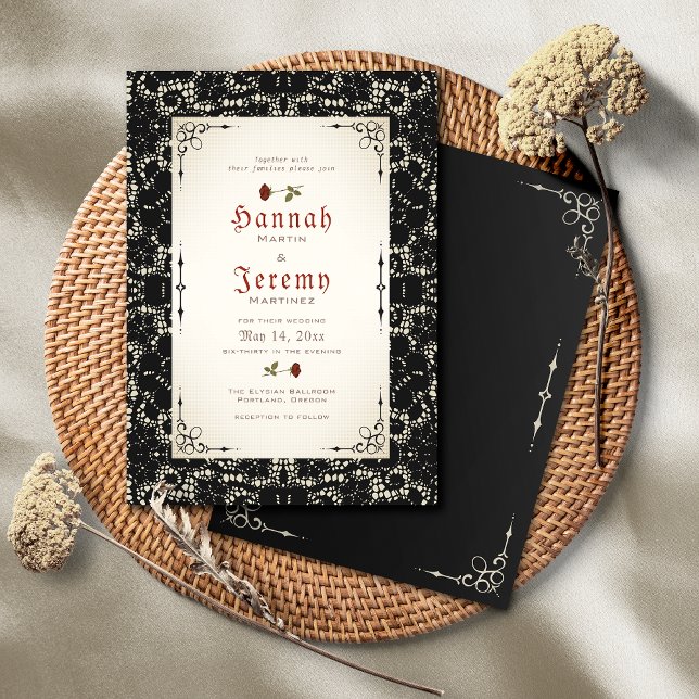 Bröllopsinbjudan för Gothic Black Snöre Röd ros Inbjudningar (Skapare uppladdad)