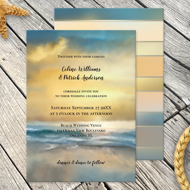 Bröllopsinbjudan för konstmålade Beach-objekt Inbjudningar (Wedding invitation featuring an original fine art painting of a sunset at a stormy beach)