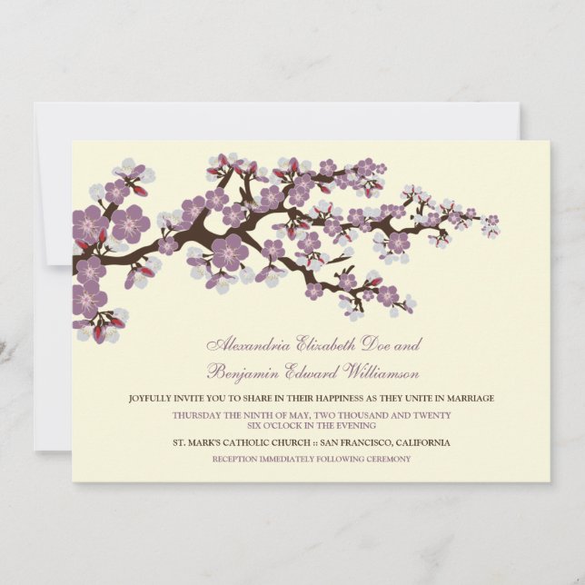 Bröllopsinbjudan för körsbärsbäddning (lavender) f inbjudningar (Framsida)
