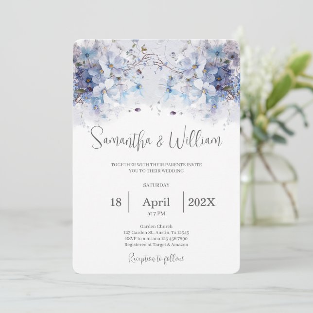 Bröllopsinbjudan för marin blå Blommigt Inbjudningar (Stående Fram)