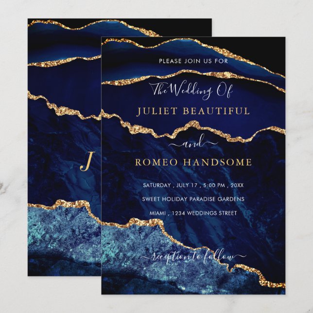 Bröllopsinbjudan för marmor för marmor i Glitter v (Fram/baksida)