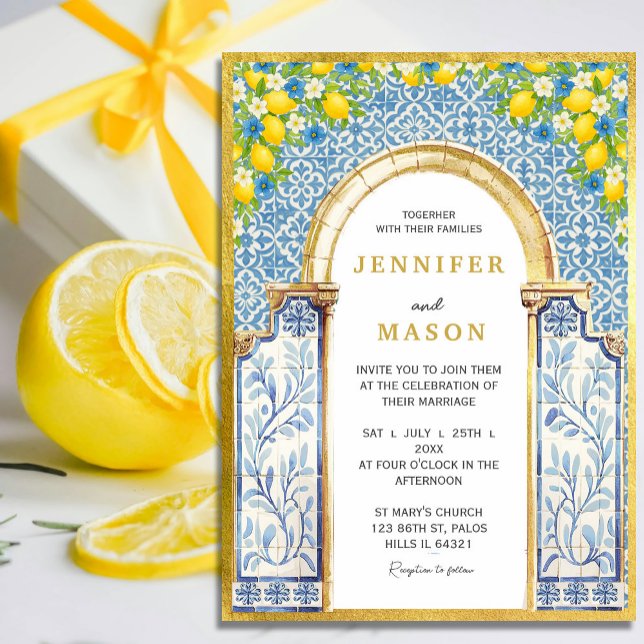 Bröllopsinbjudan för medelhavslemon och blått plat inbjudningar (Elegant Mediterranean Lemon Arch Wedding Invitation – Blue Tile & Watercolor Citrus Theme#zazzlemade)