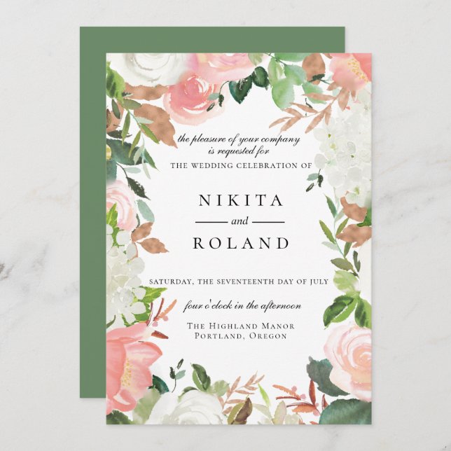 Bröllopsinbjudan för  och vit Blommigt Inbjudningar (Fram/baksida)