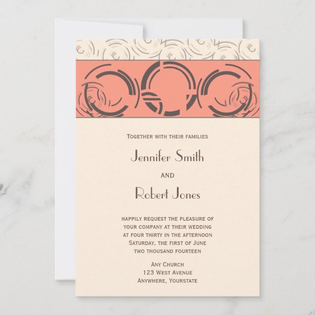 Bröllopsinbjudan för persiko Art Deco Circles Inbjudningar (Framsida)