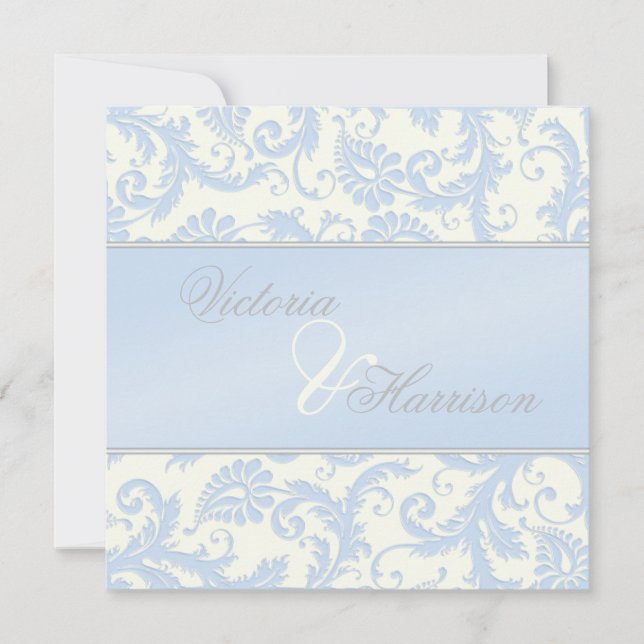 Bröllopsinbjudan för Regal Blue och Ivory Damask Inbjudningar (Framsida)