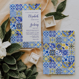 Bröllopsinbjudan för Rustic Tile Blue Gult Inbjudningar