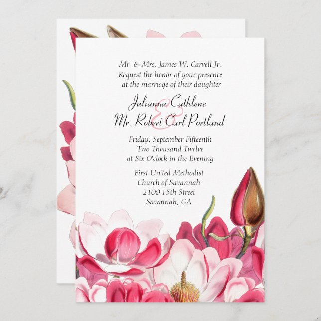Bröllopsinbjudan för södra Rosa Magnolias Inbjudningar (Fram/baksida)