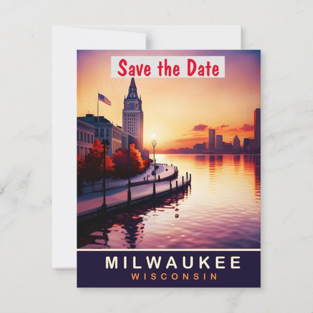 Bröllopsinbjudan för solnedgång vid Milwaukee Rive Spara Datumet (Framsida)