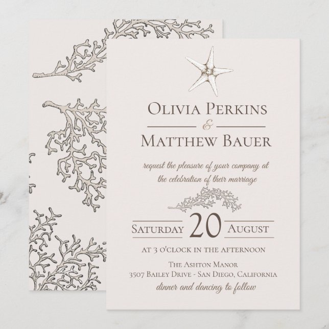 Bröllopsinbjudan för stjärnfiskkorall inbjudningar (Fram/baksida)