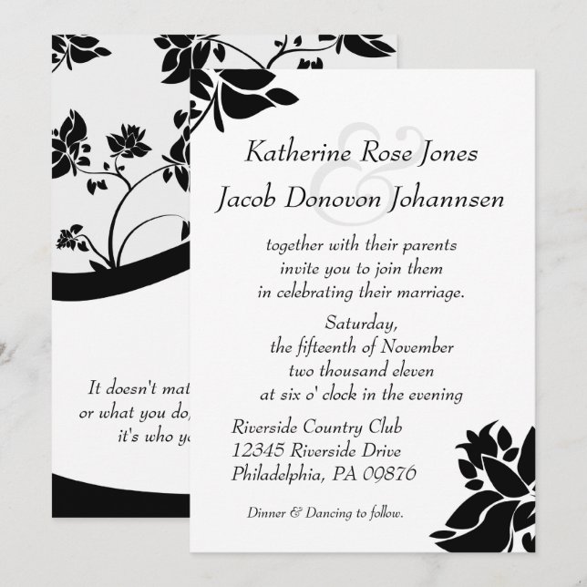 Bröllopsinbjudan för svartvit Blommigt Inbjudningar (Fram/baksida)