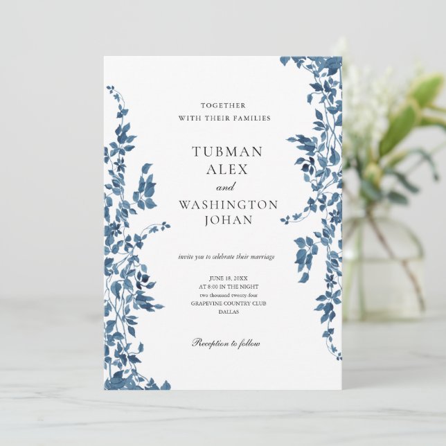 Bröllopsinbjudan för vintage Blue Blommigt Inbjudningar (Stående Fram)