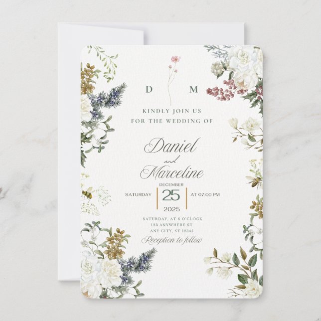 Bröllopsinbjudan för vit Blommigt - Spara datum Inbjudningar (Framsida)