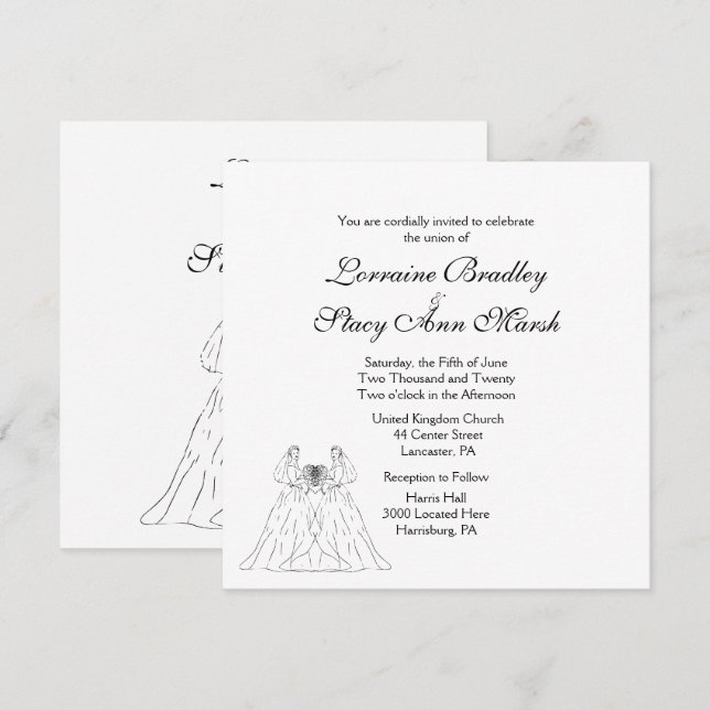 Bröllopsinbjudan för vit Lesbisk Inbjudningar (Fram/baksida)