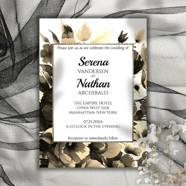 Bröllopsinbjudan för Wildblommor Guld Classic Wedd Inbjudningar (Classic style with a modern twist on the floral wedding invitation with sepia tones and gold framing)