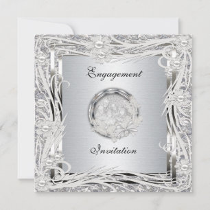 Bröllopsinbjudan Förlovning Silver Blommig Ram Inbjudningar