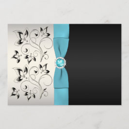 Bröllopsinbjudan från Silver, Aqua och Black Blomm Inbjudningar