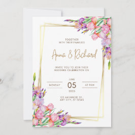 bröllopsinbjudan Golden ram rosa blommor Inbjudningar