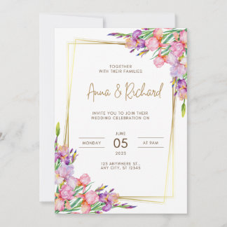bröllopsinbjudan Golden ram rosa blommor Inbjudningar