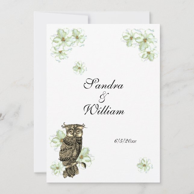 Bröllopsinbjudan Golden Uggla och Grönt Flowers Inbjudningar (Baksida)
