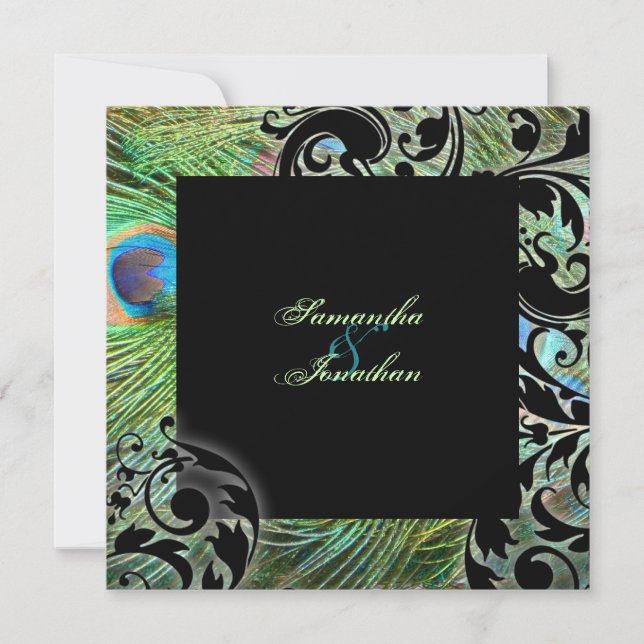 Bröllopsinbjudan Grönt Peacock Feathers Inbjudningar (Framsida)