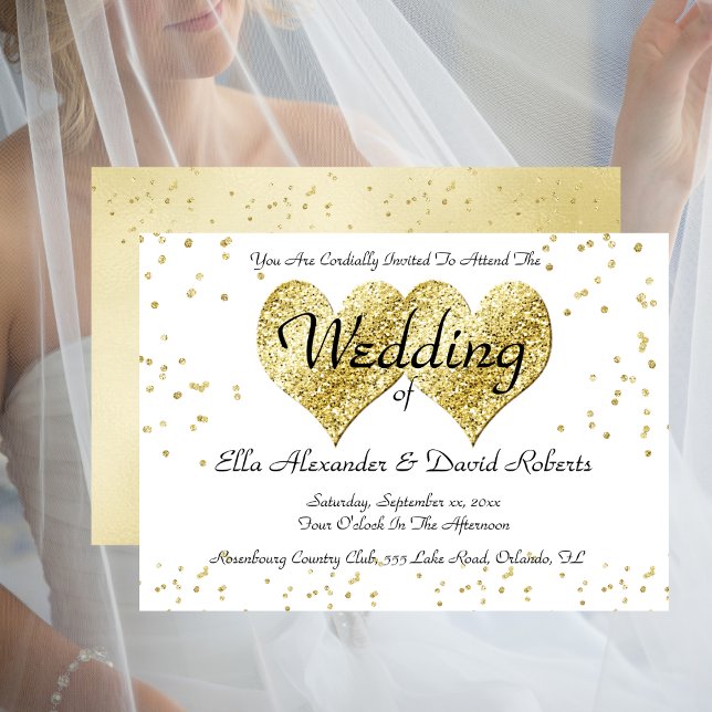 Bröllopsinbjudan Guld Confetti Guld Hearts Inbjudningar (Wedding Invitation Gold Confetti Gold Hearts)