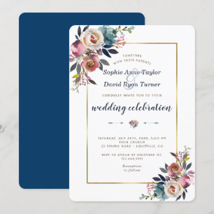 Bröllopsinbjudan Guld Dusty Blue Rosa Blommigt Inbjudningar