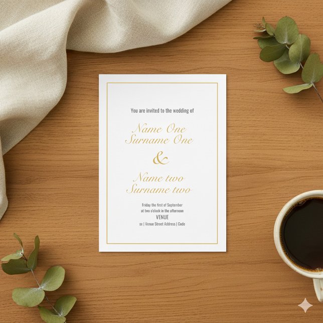 bröllopsinbjudan guld gräns inbjudningar (Gold border wedding invitation with elegant script.)