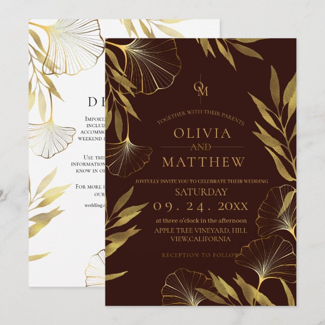 Bröllopsinbjudan guld Löv/Brun bröllop Inbjudningar (Fram/baksida)