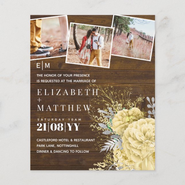 Bröllopsinbjudan guld Silver Ro Blommigt (Framsida)