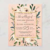Bröllopsinbjudan i beige med blommor guld rosa