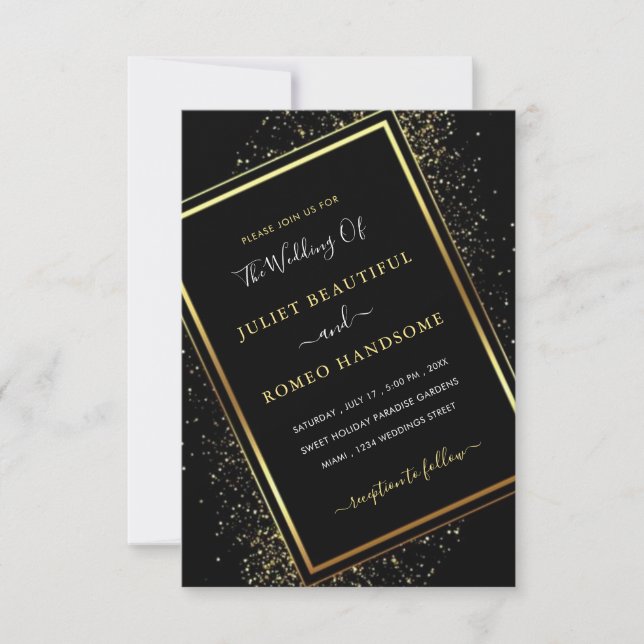 Bröllopsinbjudan i Black och Guld Glitter (Framsida)