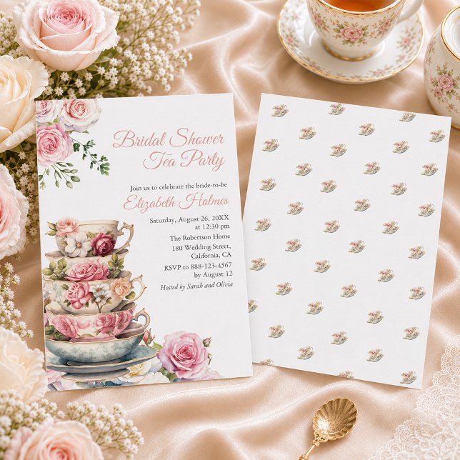 Bröllopsinbjudan i Rosa Blommig Tekoppsstil Inbjudningar (Blush Pink Floral Teacup Bridal Shower Invitation)