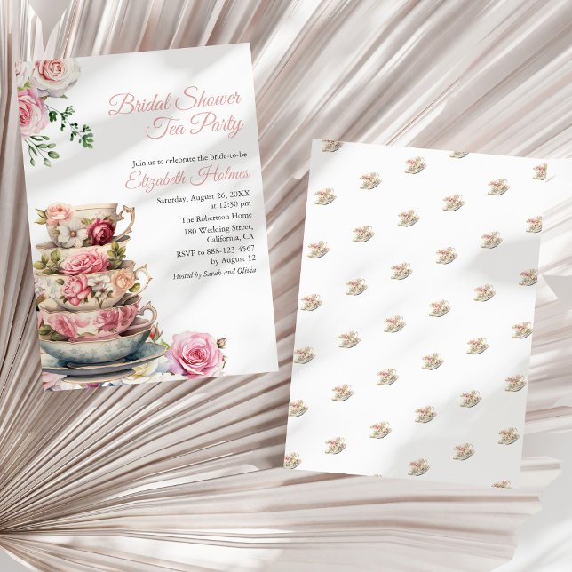 Bröllopsinbjudan i Rosa Blommig Tekoppsstil Inbjudningar (Blush Pink Floral Teacup Bridal Shower Tea Brunch Invitation on a sunny white dry palm leaf.)