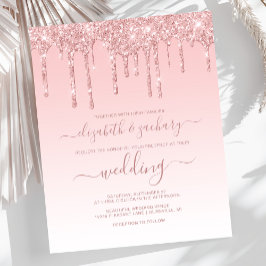 Bröllopsinbjudan i rosa med glitterdroppande budge