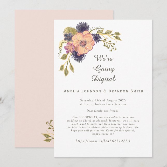 Bröllopsinbjudan i rosa nyans med Zoom-tema Inbjudningar (Fram/baksida)