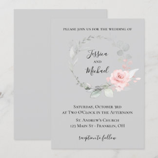Bröllopsinbjudan i rosa och grått - Roskrans Inbjudningar
