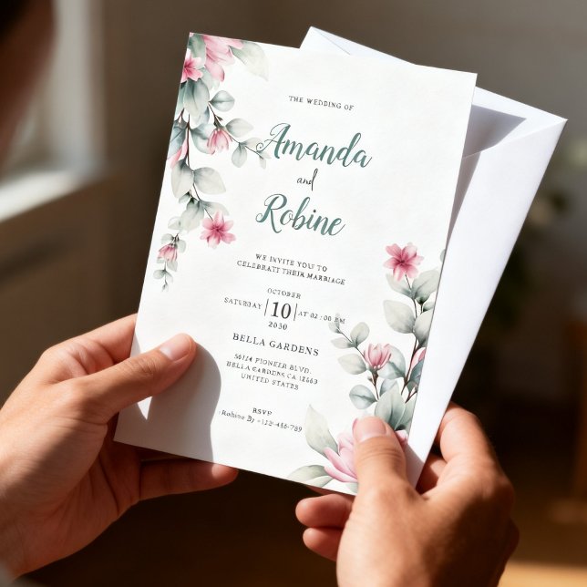 Bröllopsinbjudan i rosa och sagegrön inbjudningar (Skapare uppladdad)