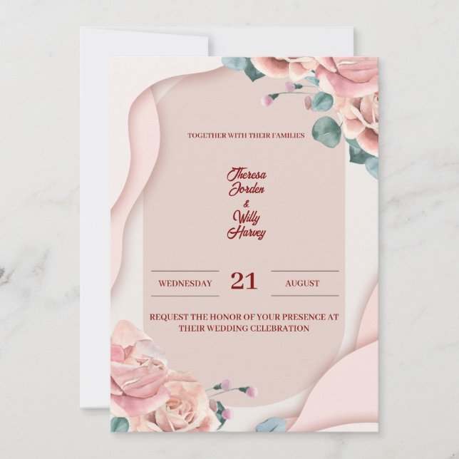 Bröllopsinbjudan i rosablush med blommor | Elegant Inbjudningar (Framsida)
