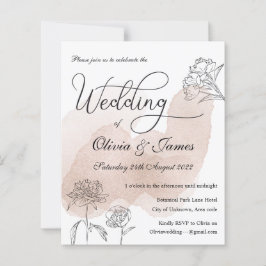 Bröllopsinbjudan i roséguld med blommotiv på budge