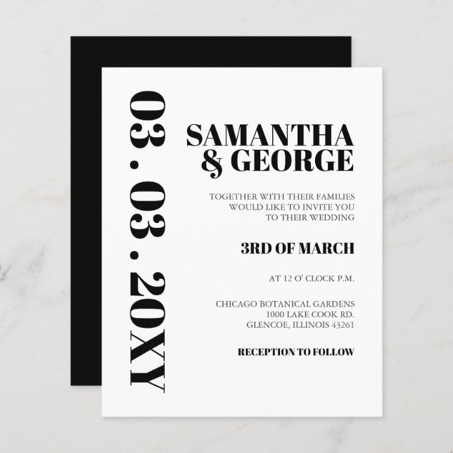 Bröllopsinbjudan i svart och vitt med enkel budget (Fram/baksida)
