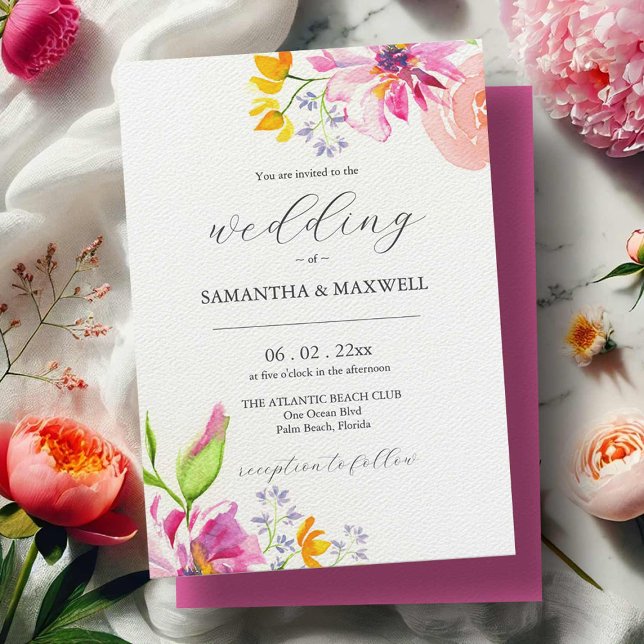 Bröllopsinbjudan Inbjudningar (Bold wedding invitations watercolor pink and orange flowers by Victoria Grigaliunas DoTellABelle)