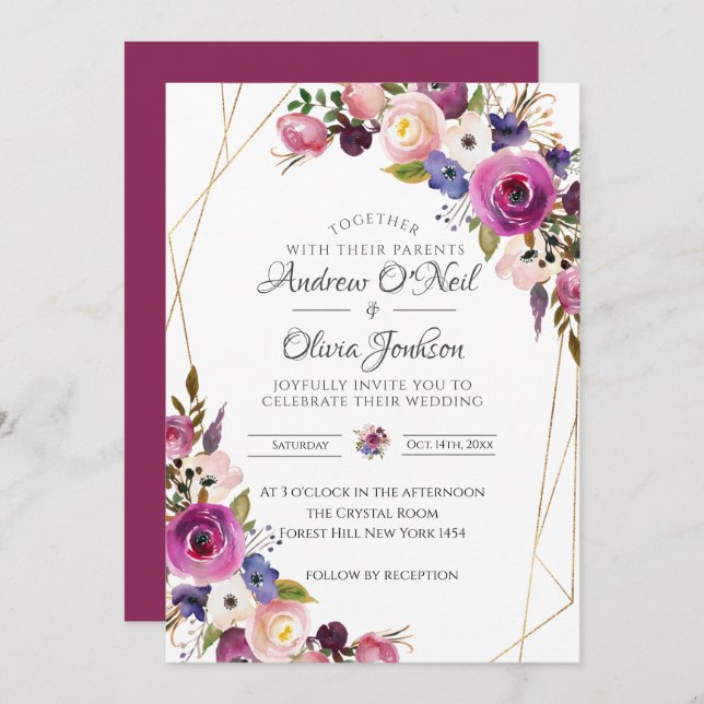 Bröllopsinbjudan Lila & Blue Ro Inbjudningar (Fram/baksida)