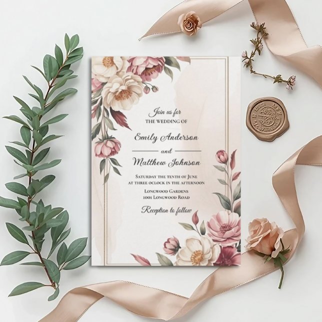 Bröllopsinbjudan med akvarellblommor i rosé inbjudningar (Skapare uppladdad)
