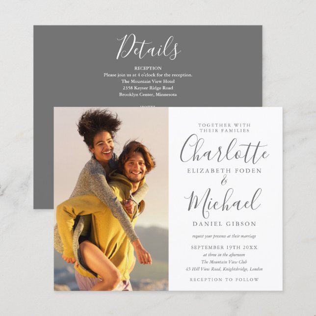 Bröllopsinbjudan med allt i ett foto (Fram/baksida)