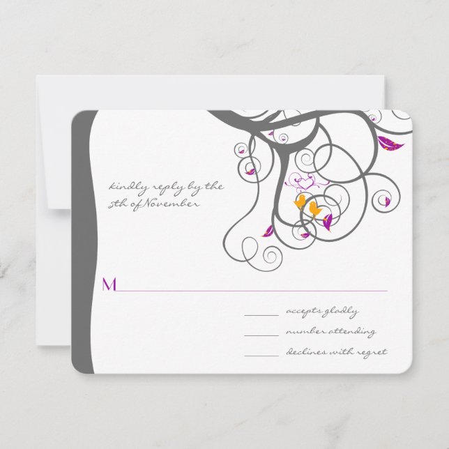 Bröllopsinbjudan med älskande fåglar och plommontr OSA kort (Framsida)